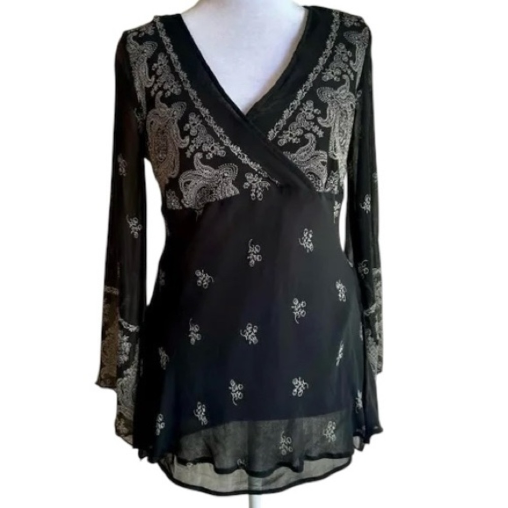 Black Embroidered V-Neck Wrap Blouse